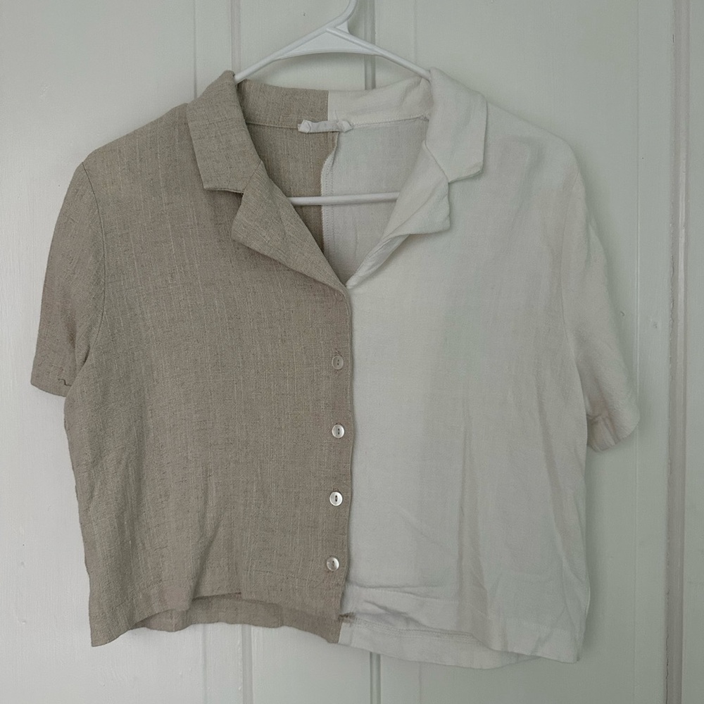 Vestique Tan and White Asymmetrical Crop Button Down Linen Shirt